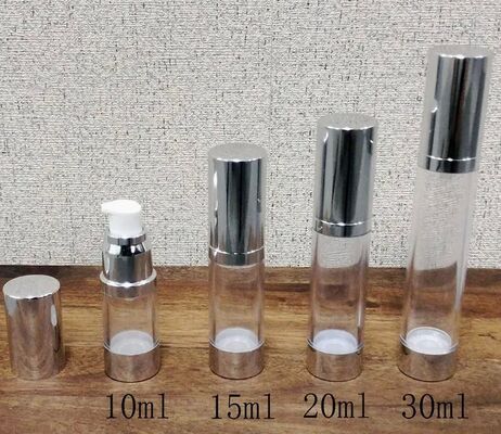 Bottiglia cilindrica per pompa senz'aria in plastica PP argento con bottiglia per pompa per lozione popolare 5ml 15ml 20ml 30ml