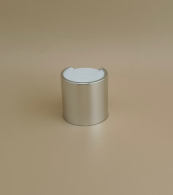 Tappo rotondo liscio in alluminio-plastica argentata con bottone bianco per flaconi per la cura della pelle
